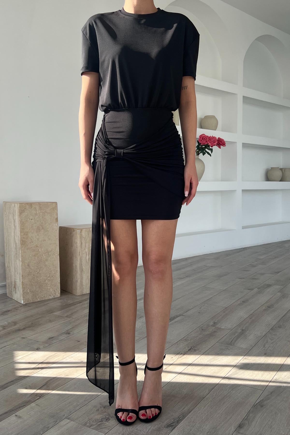 Siyah Premium Tül Detaylı T-shirt Elbise SY-1830-Siyah