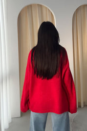 Kırmızı Bisiklet Yaka Oversize Pinterest Triko Kazak SY-3343-Kırmızı