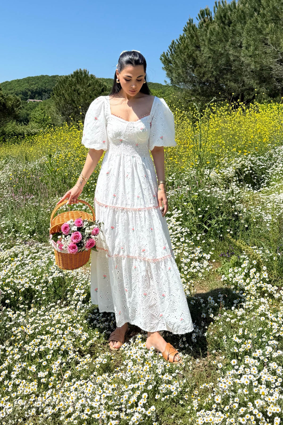 Beyaz Pembe Çiçekli Balon Kol Elbise SY-2267-Beyaz