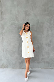 Ekru Büyük Gold Düğme Detaylı Kısa Elbise SY-2449-Ekru