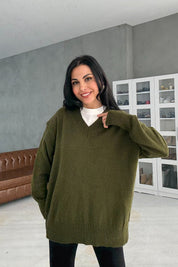 Haki V Yaka Oversize Pinterest Triko Kazak SY-3348-Haki