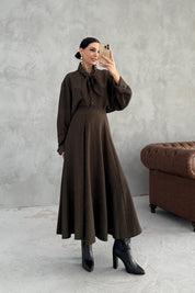 Haki Ekose Vintage Fularlı Gömlek Ve Etek Takım SY-3548-Haki