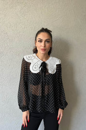 Siyah Puantiyeli  Uzun Kollu Yaka Detaylı Şifon Gömlek SY-1599-Siyah