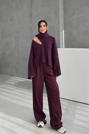 Mürdüm Şal Detaylı Triko Kazak SY-3427-Mürdüm