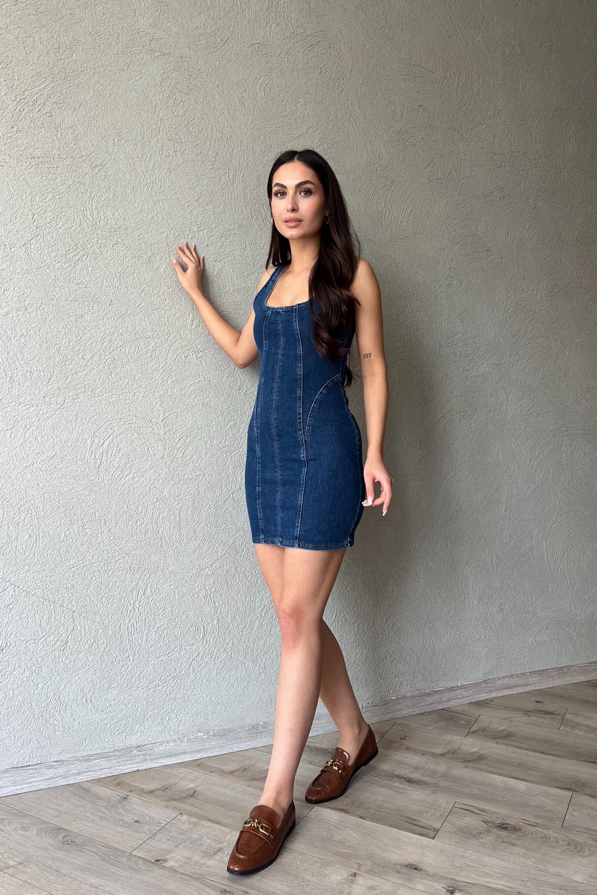 Koyu Mavi Askılı Mini Denim Elbise SY-0561-Koyu Mavi