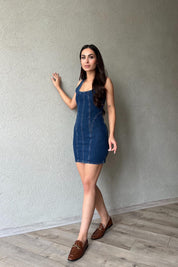 Koyu Mavi Askılı Mini Denim Elbise SY-0561-Koyu Mavi