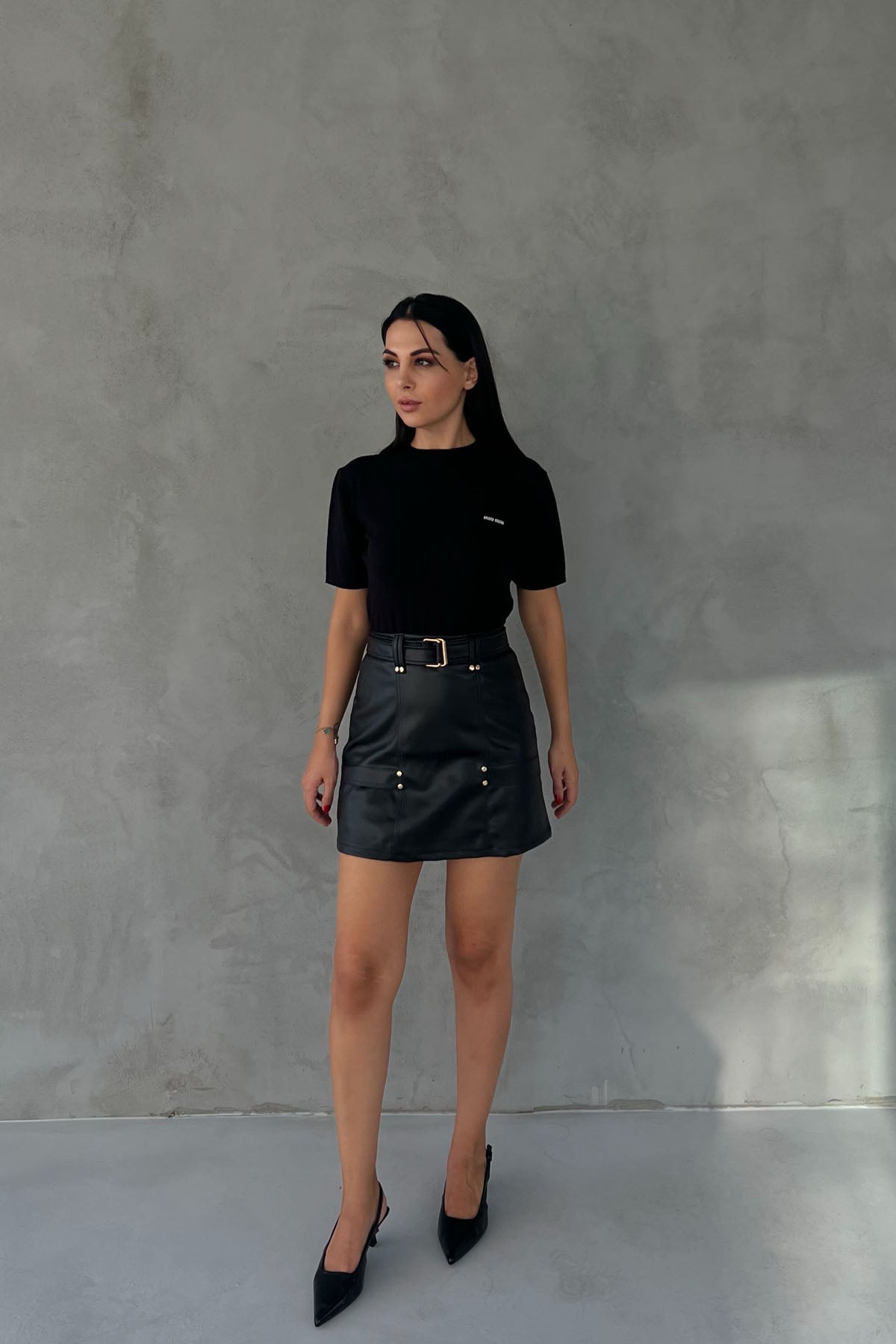 Siyah Kemerli Gizli Cep Detaylı Deri Etek SY-2485-Siyah