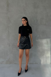 Siyah Kemerli Gizli Cep Detaylı Deri Etek SY-2485-Siyah