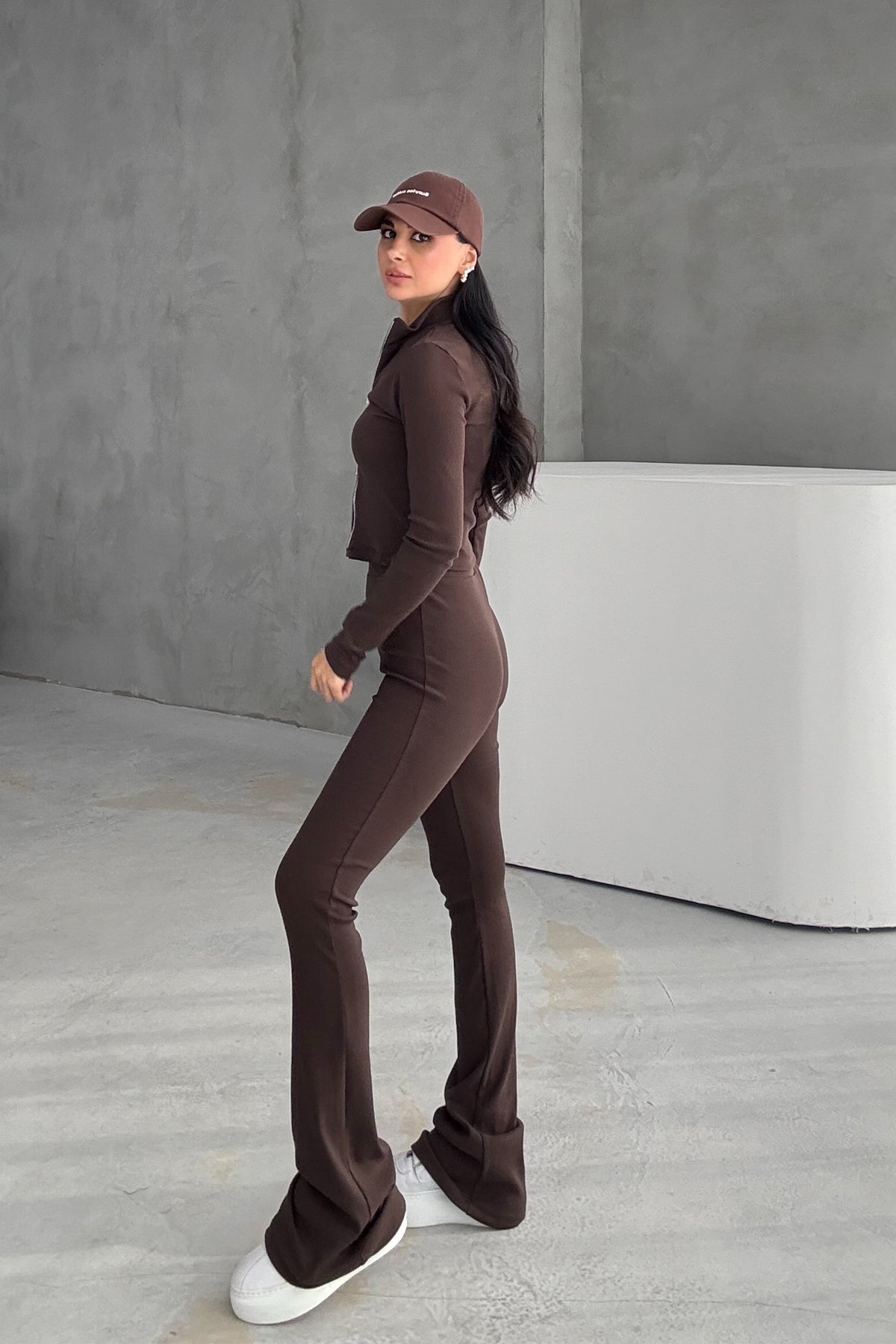 Kahve Lost Fermuarlı Sweatshirt Tayt Takım SY-3446-Kahve