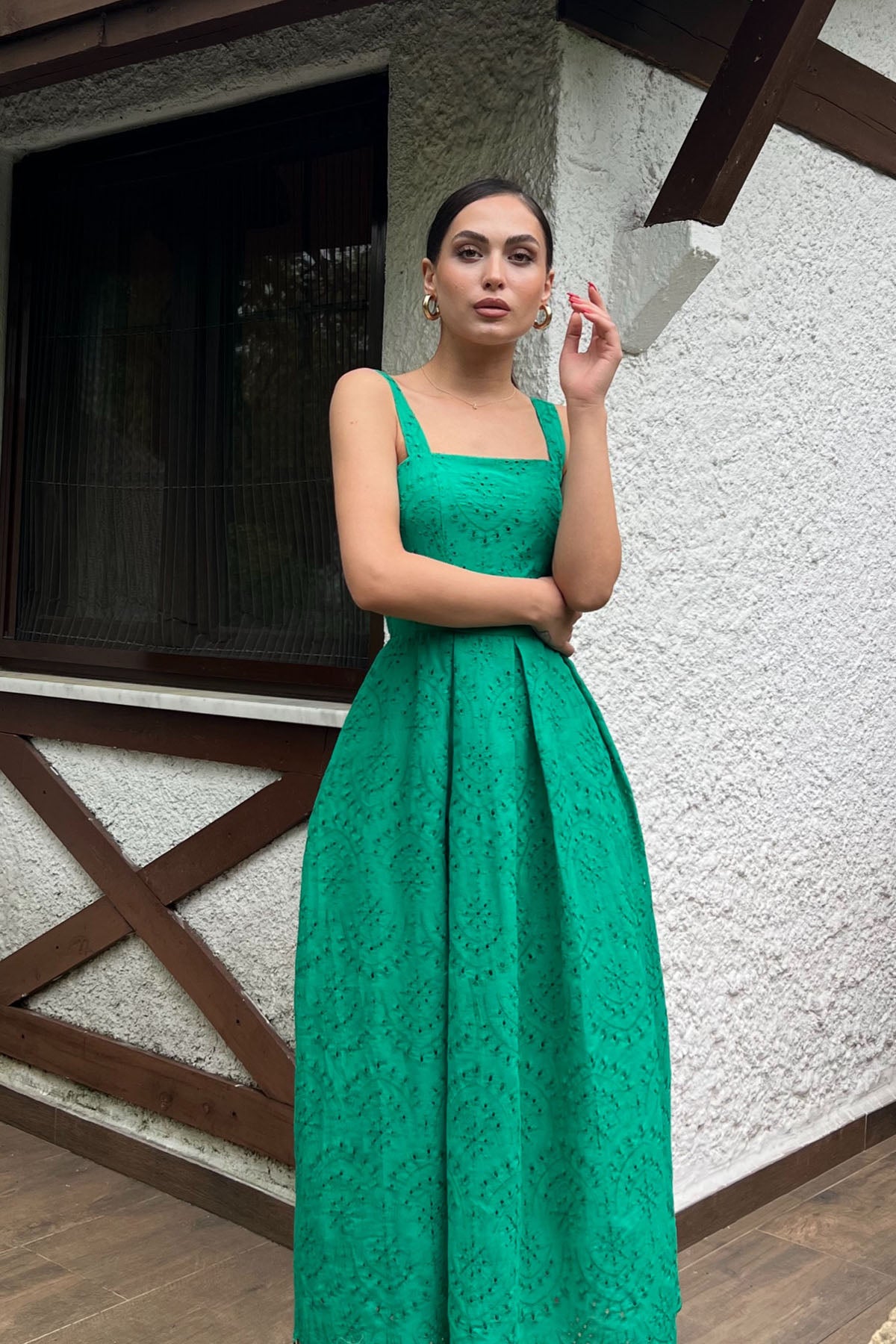 Yeşil Askı Aparat Detaylı Brode Elbise SY-2036-Yeşil