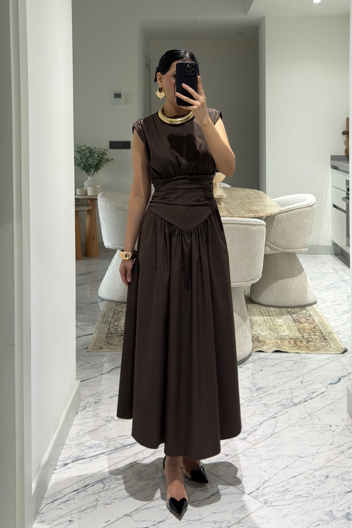 Pinterest Model Beli Drapeli Kahverengi Elbise SY-3610-Kahve