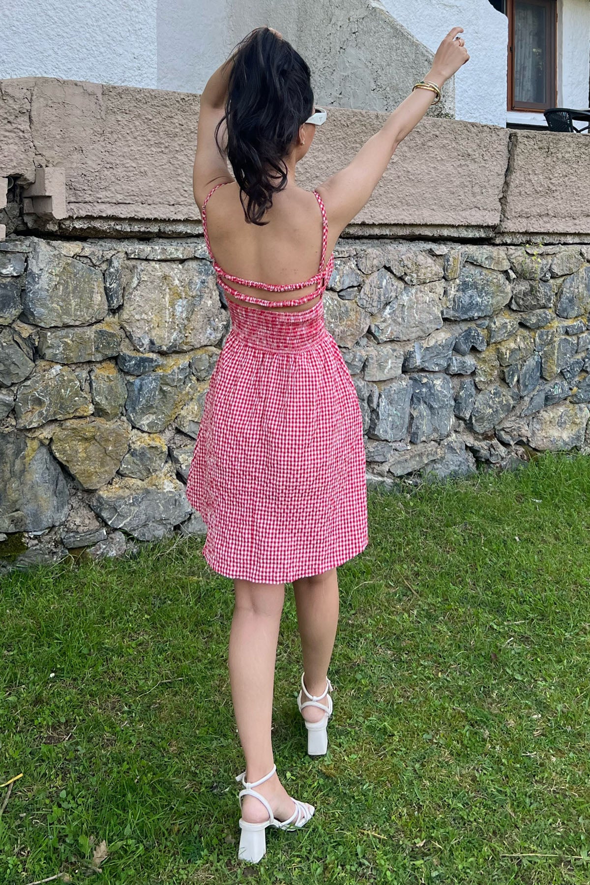 Kırmızı Sırt Detaylı Pöti Kareli Mini Elbise SY-2051-Kırmızı