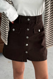 Kahve Düğmeli Cepli Mini Denim Etek SY-3432-Kahve