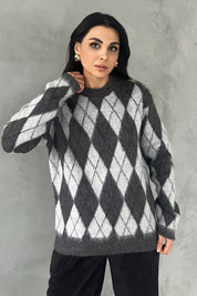 Gri Bisiklet Yaka Baklava Desenli Kazak SY-2789-Gri