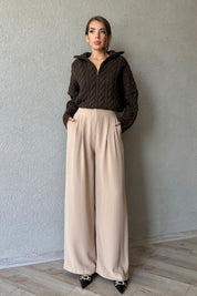 Bej Belden Lastik Detaylı Palazzo Pantolon SY-1126-Bej