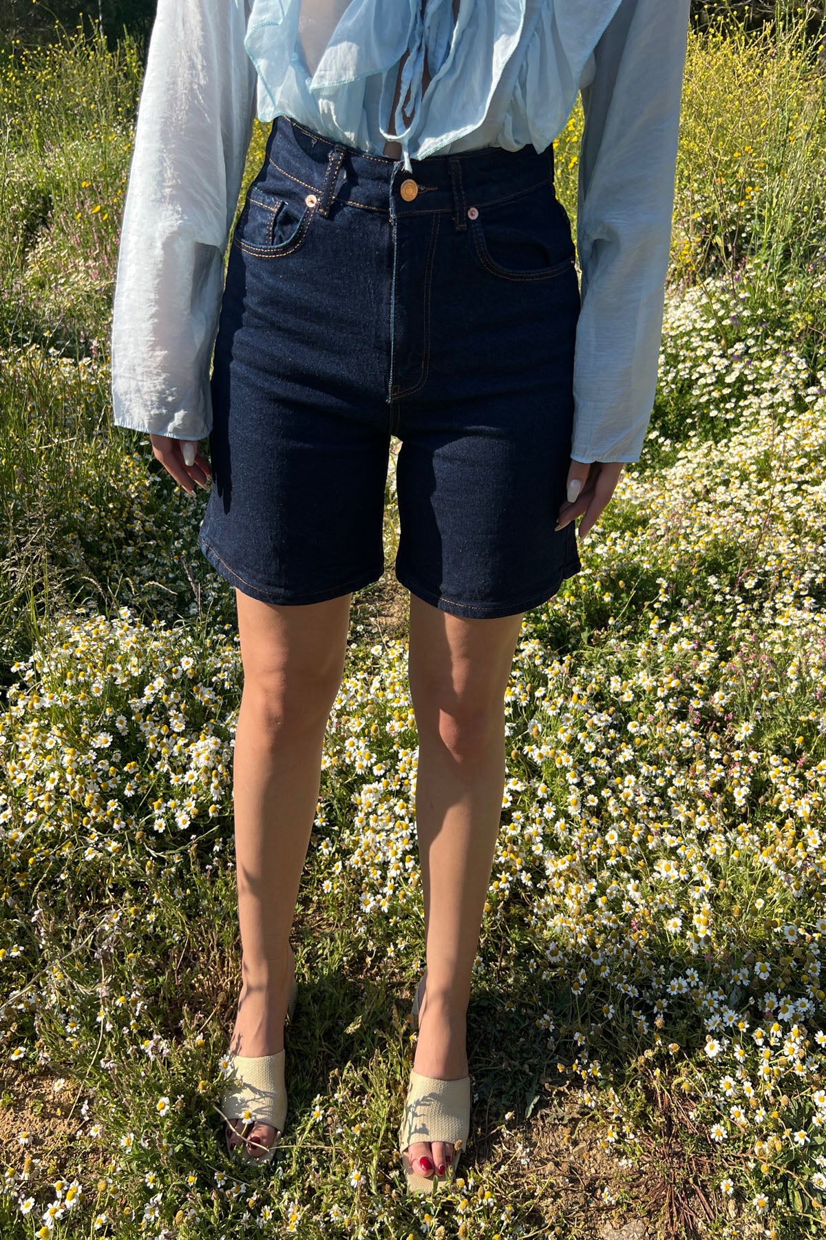 Premium Kalite Şehir Boy Mavi Boyfit Jean Şort SY-3183-Mavi