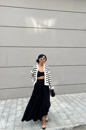 Ekru Siyah Çizgili Gold Düğmeli Hırka SY-2489-Ekru