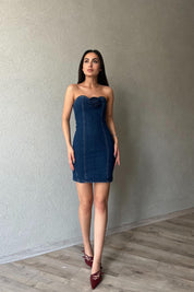 Koyu Mavi Straplez Gül Broş Detaylı Denim Elbise SY-1900- Koyu Mavi