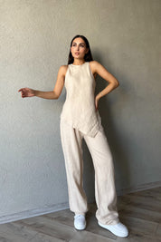 Bej Verev Kesim Bluz Pantolon Takım SY-2356-Bej