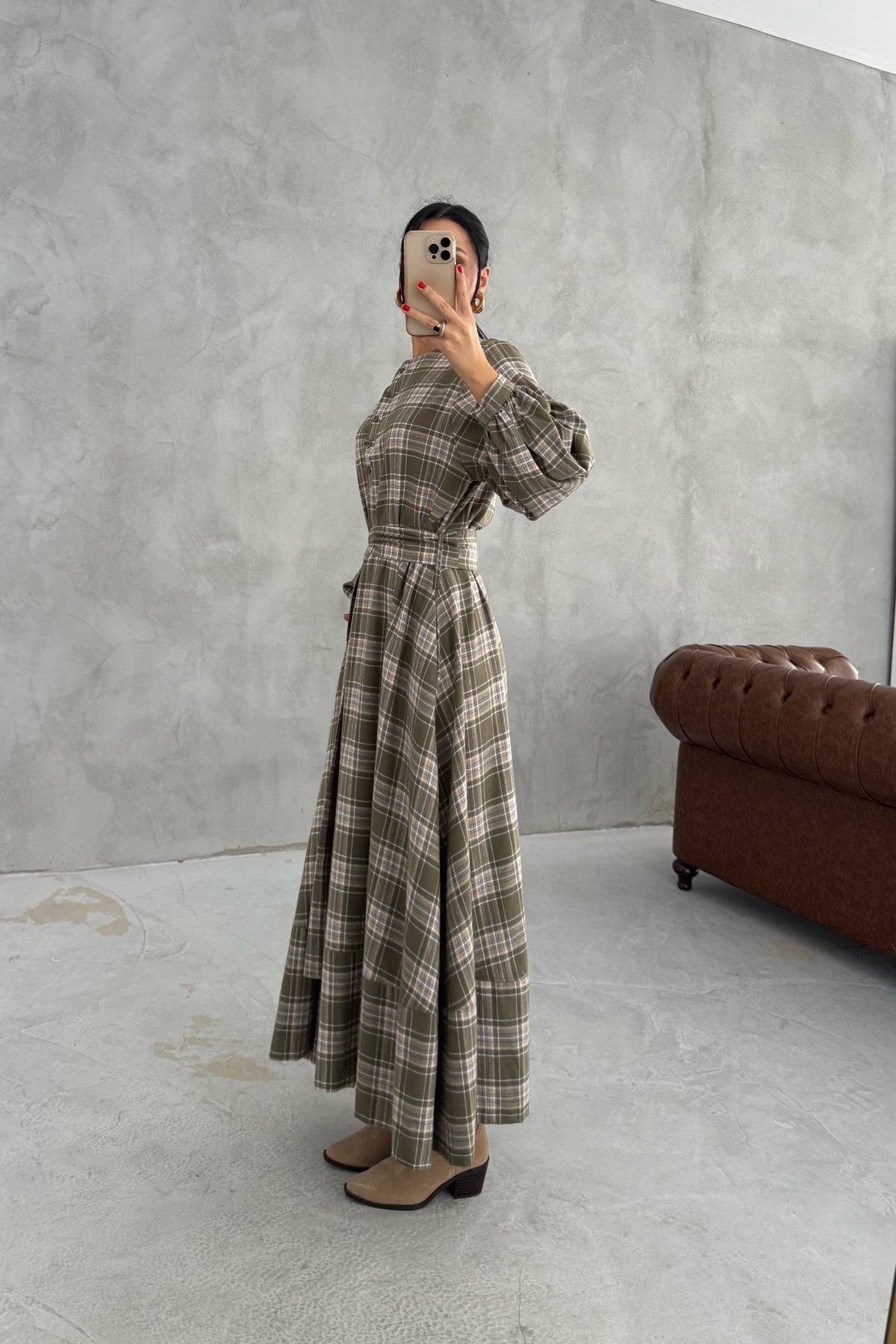 Ekose Desenli Kuşaklı Midi Elbise SY-3465-Haki