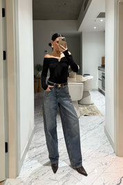 Siyah Carmen Yaka Broş Detaylı Bluz SY-3506-Siyah