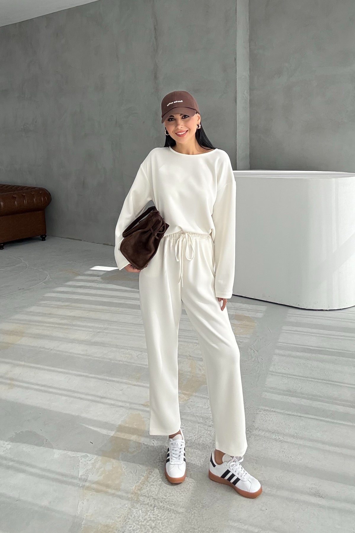 Ekru Uzun Kollu Beli Lastikli Modal Takım SY-3383-Ekru