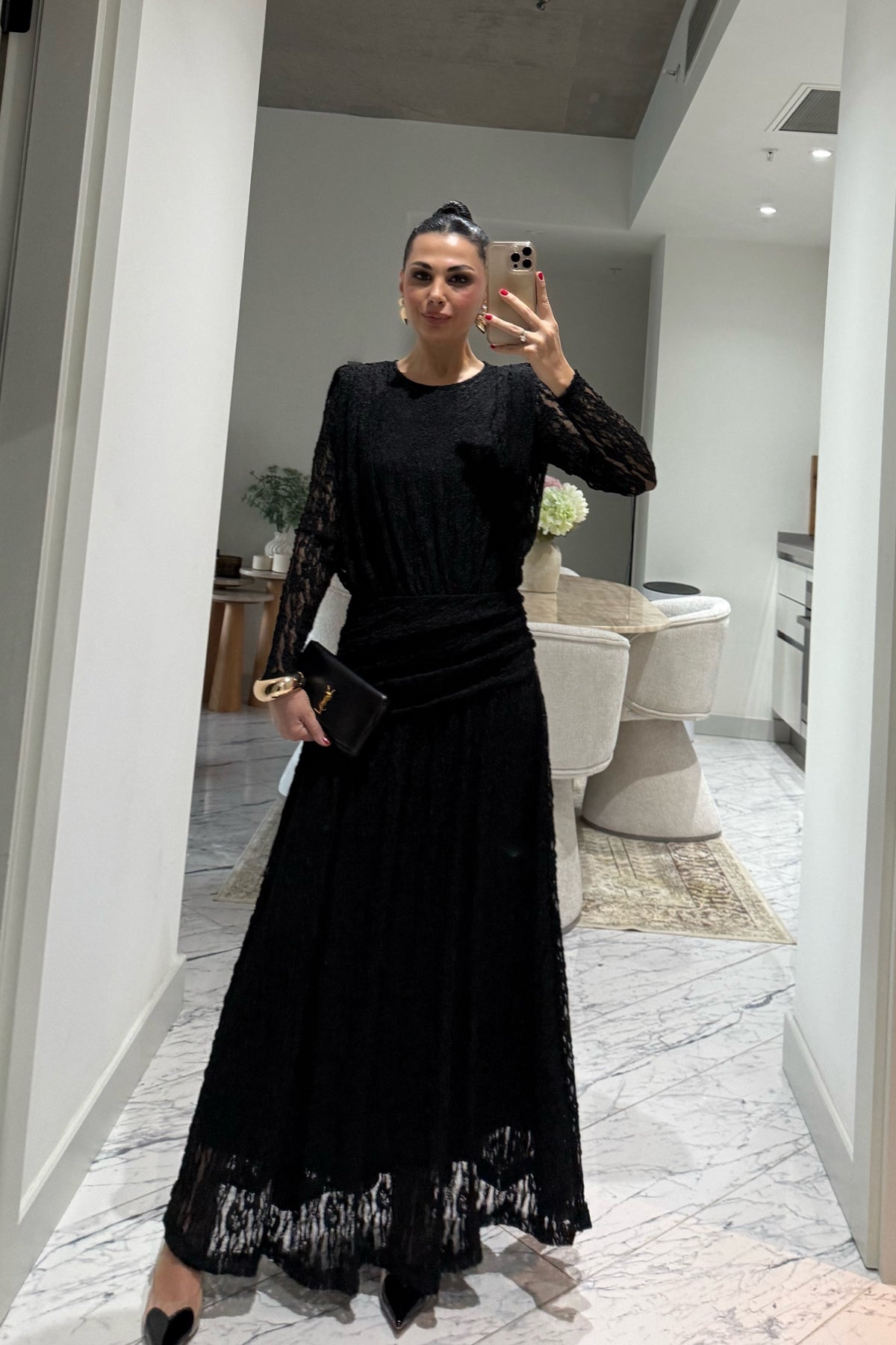 Siyah Güpürli Maxi Tasarım Elbise SY-3503-Siyah