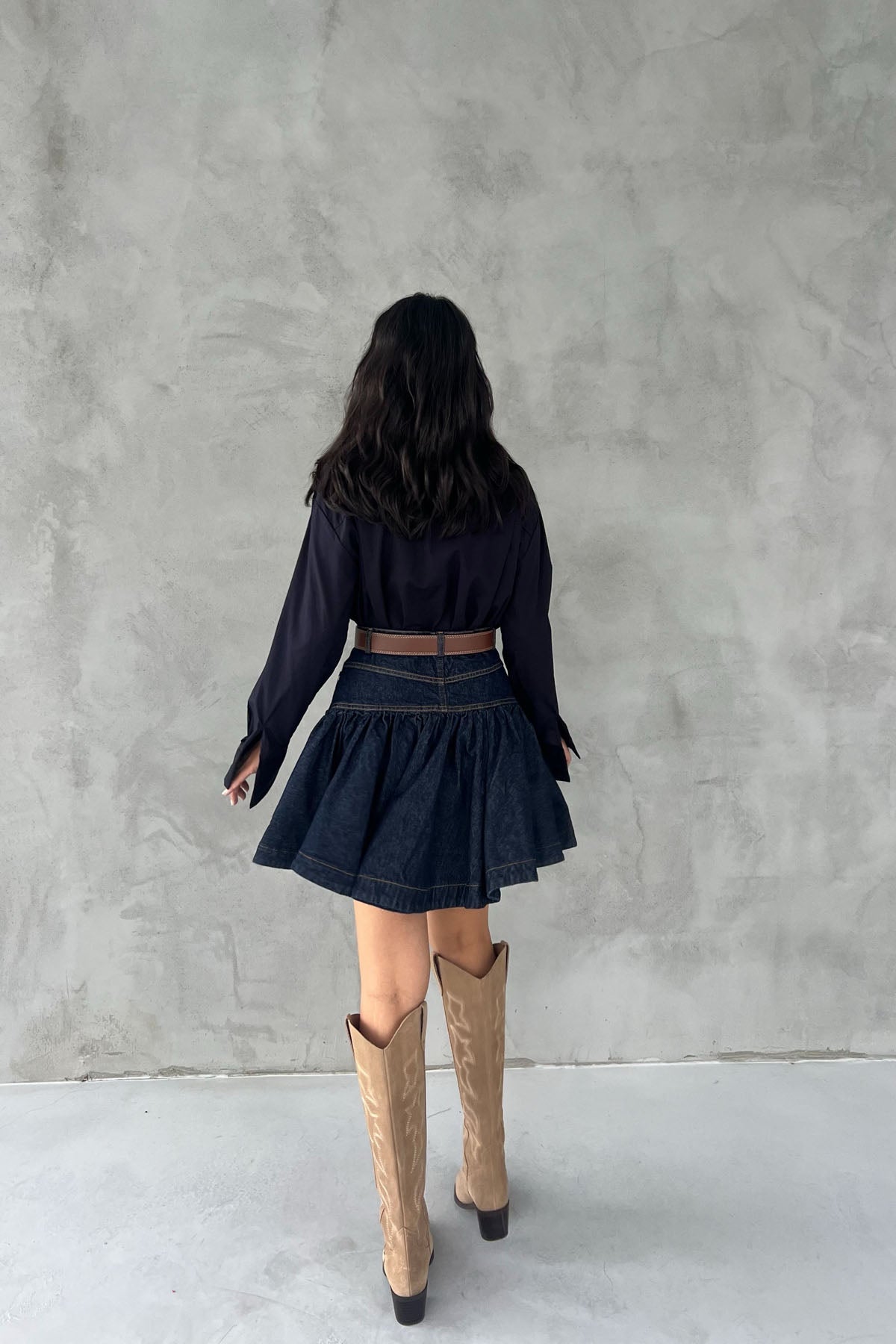 Lacivert Drenthe Büzgü Detaylı Kalp Düğmeli Denim Etek SY-2523-Lacivert