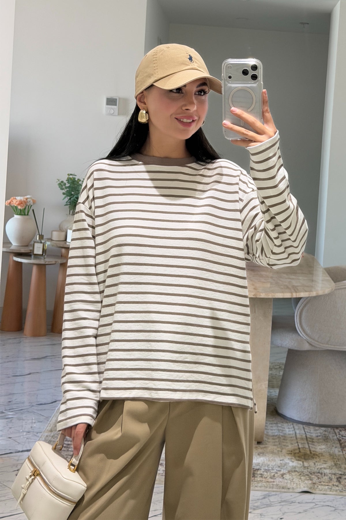 Ekru Kahve Çizgili Oversize Basic Bluz SY-3832-Kahve