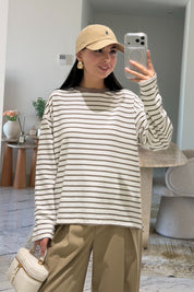 Ekru Kahve Çizgili Oversize Basic Bluz SY-3832-Kahve