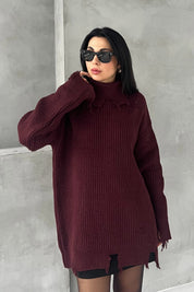 Bordo Yırtık Detaylı Boğazlı Triko Kazak SY-2840-Bordo