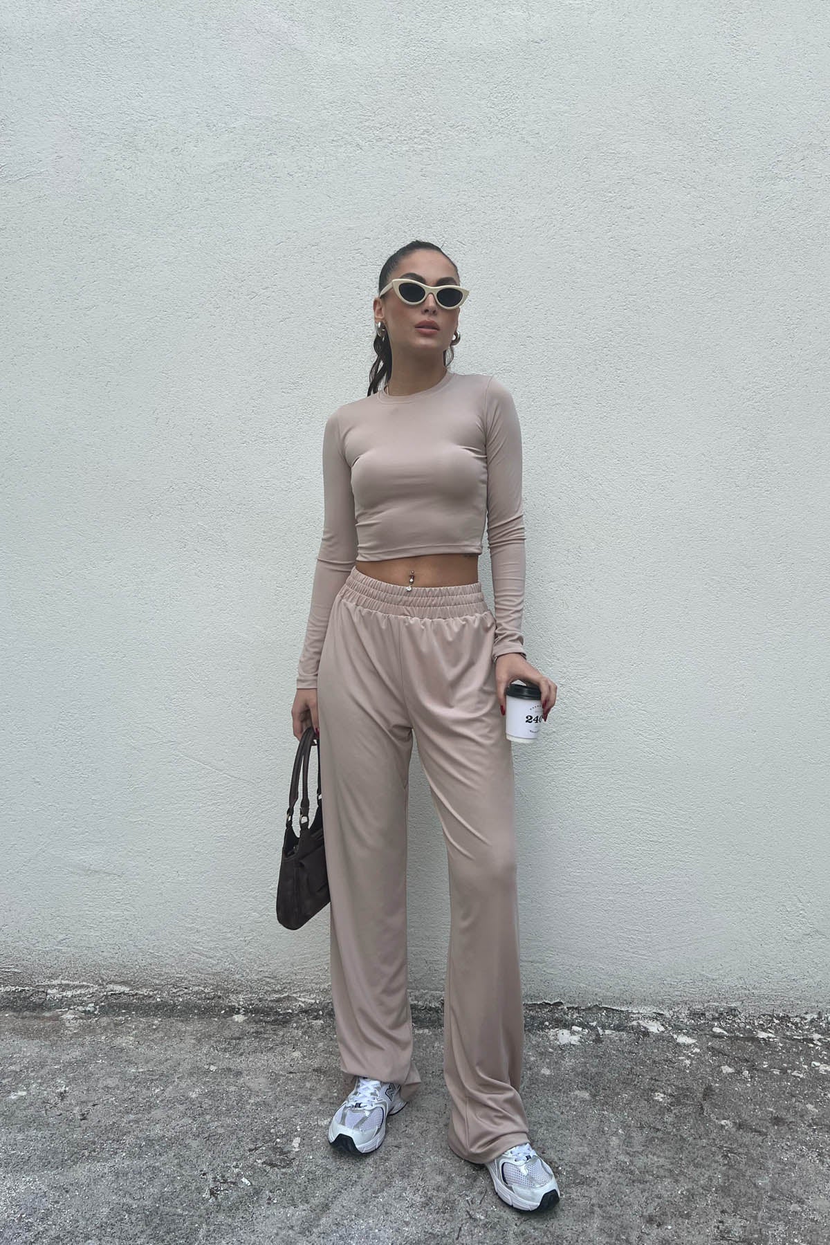 Bej Dalkıç Kumaş Basic Jogger Crop Pantolon Takım SY-1705-Bej