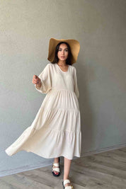 Müslin Kumaş V Yaka Rahat Kesim Taş Elbise SY-1939-Taş