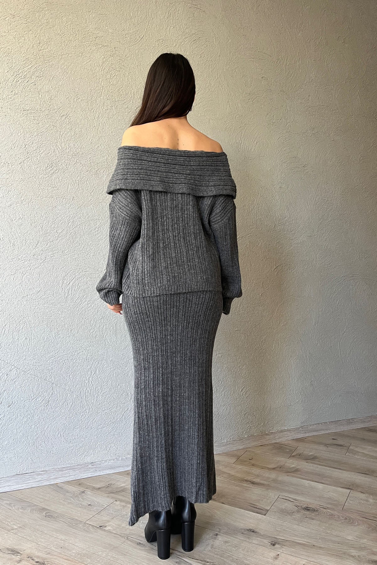 Antrasit Degaje Yaka Kazak ve Etek Triko Takım SY-1555-Antrasit