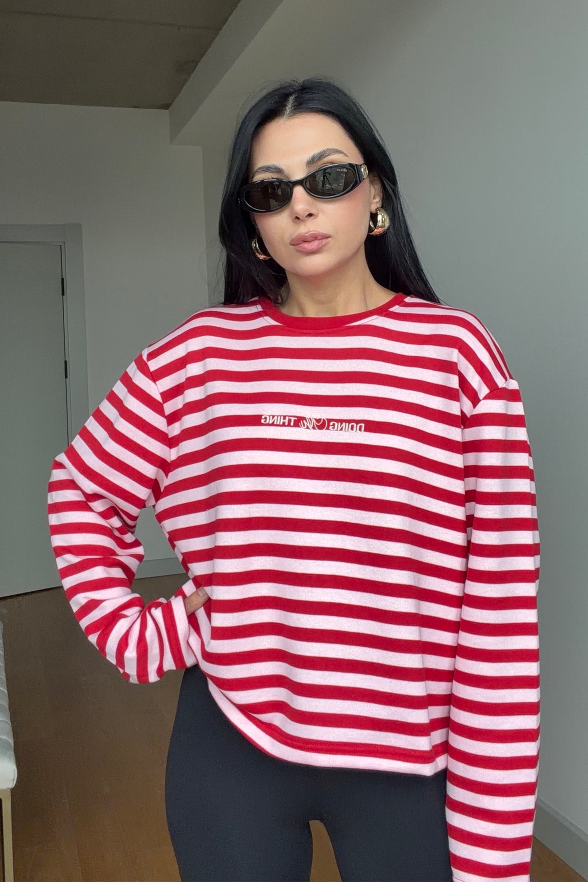 Kırmızı-Pembe Çizgili Basic Sweatshirt SY-3902-Kırmızı