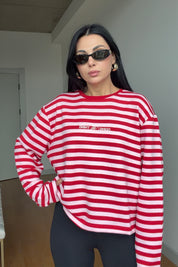 Kırmızı-Pembe Çizgili Basic Sweatshirt SY-3902-Kırmızı