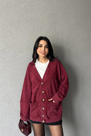 Bordo Logo Detay Yıkamalı Hırka SY-2751-Bordo