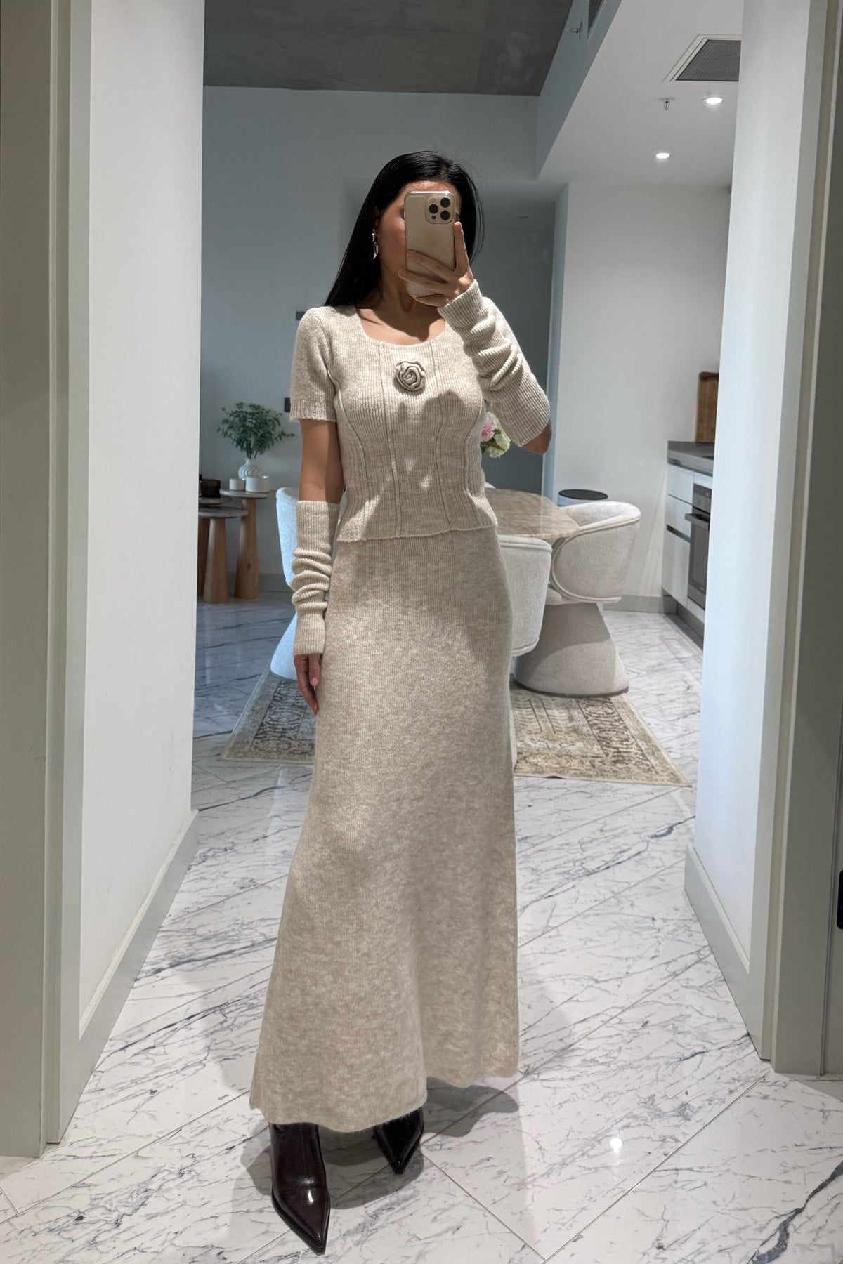 Rosa Gül Detay Bej Crop Etek Triko Takım SY-3495-Bej