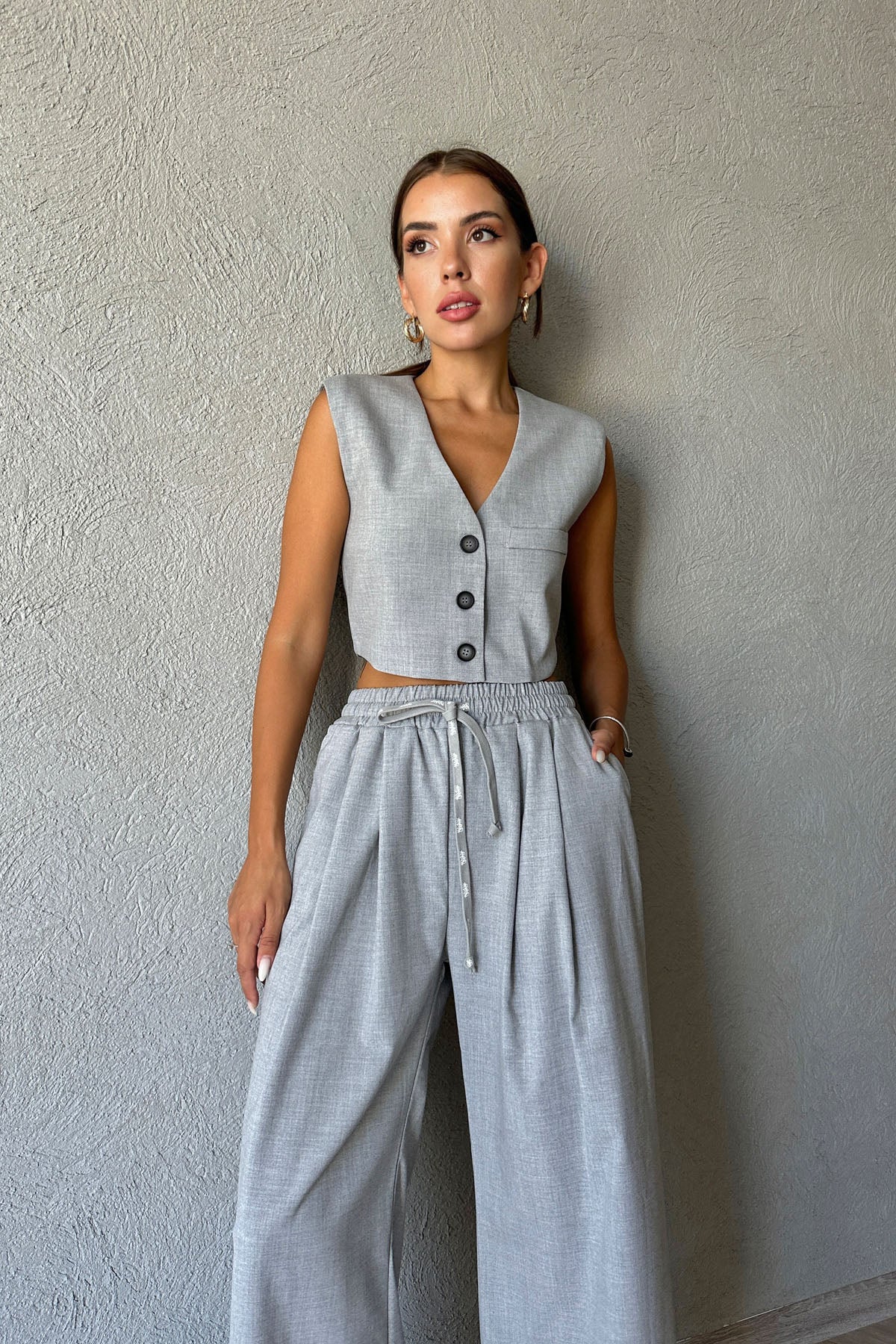 Gri Süs Cepli Yelek ve Beli Lastikli Pantolon Takım SY-0937-Gri