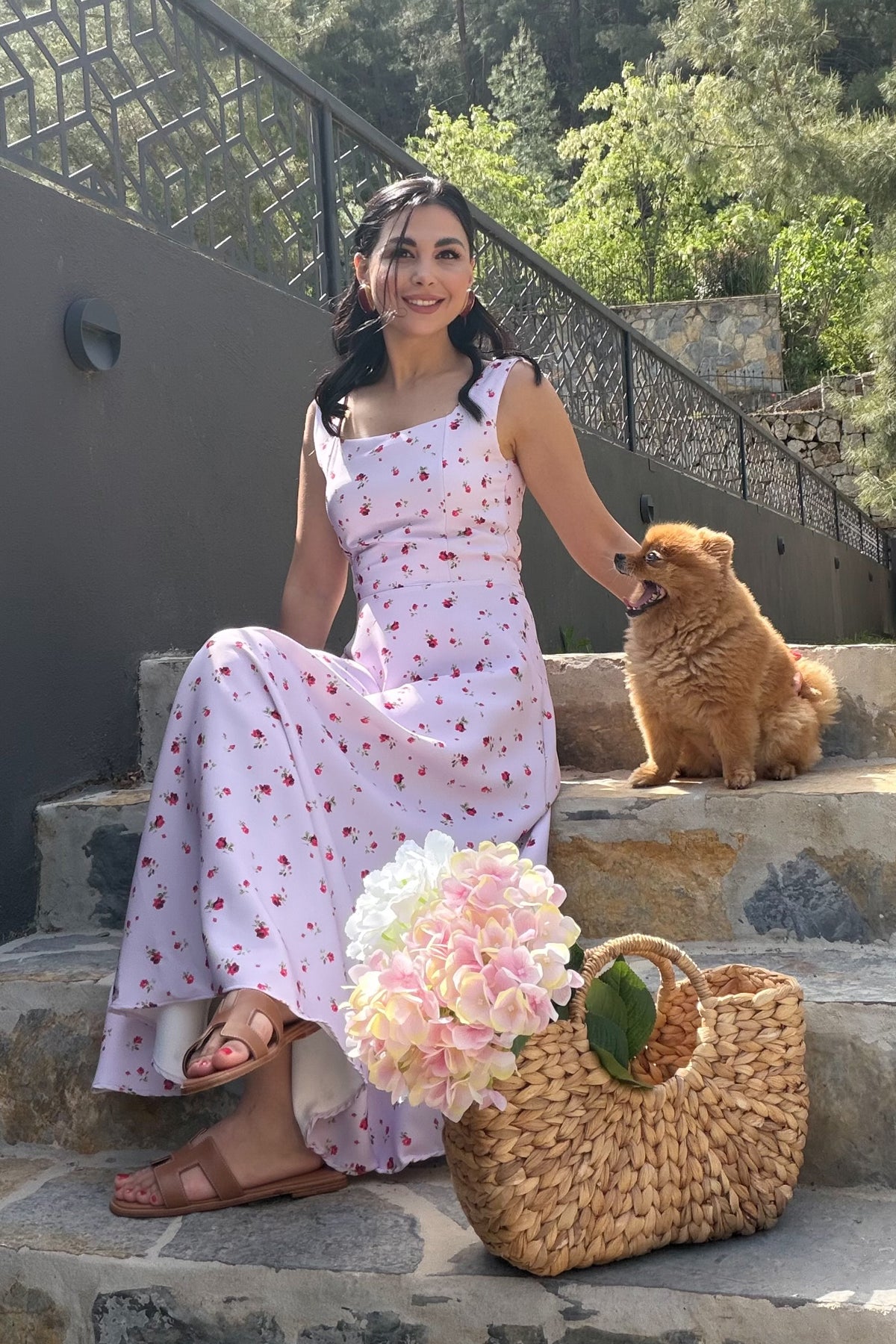 Lila Mini Çiçekli Kare Yaka Elbise SY-3722-Lila