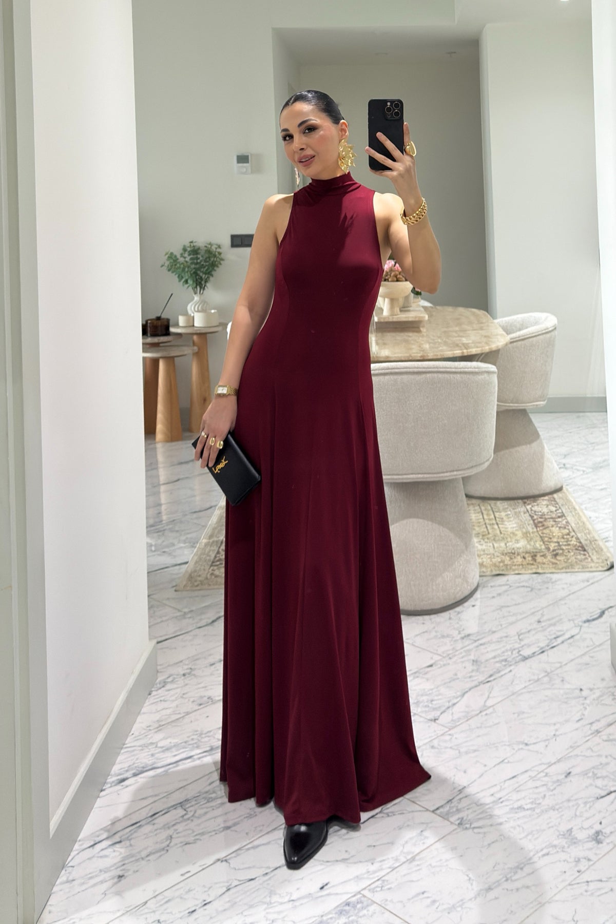 Bordo Balıkçı Yaka Maxi Boy Dökümlü Şık Kadın Elbise SY-3632-Bordo