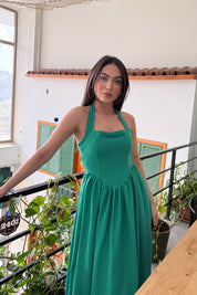 Boyundan Bağlamalı Yeşil Yaz Esintisi Keten Elbise SY-3083-Yeşil