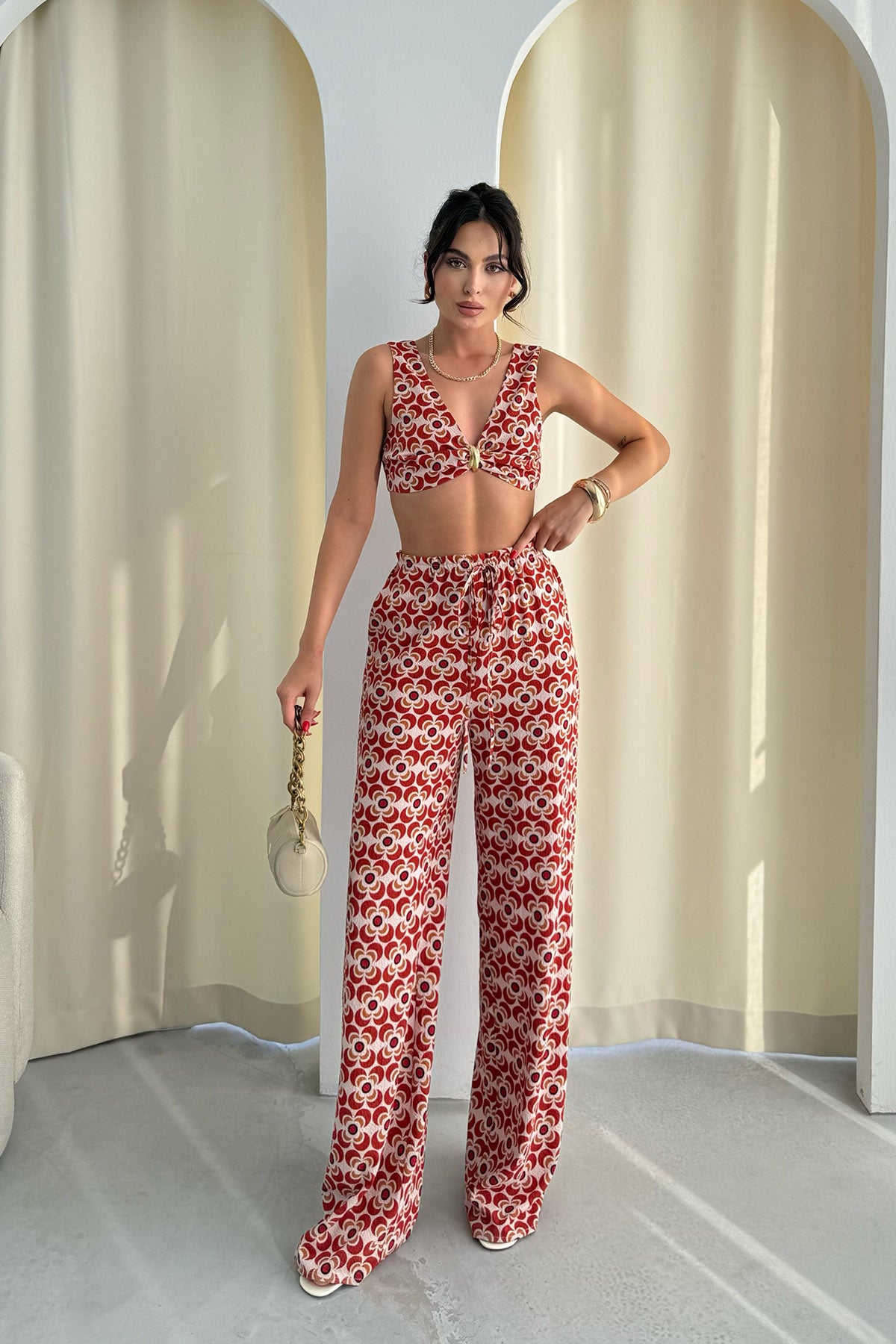 Renkli Geniş Paça Pantolon ve Gold Aksesuarlı Bustiyer Takım SY-3251-Renkli