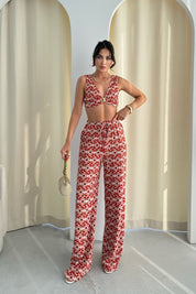 Renkli Geniş Paça Pantolon ve Gold Aksesuarlı Bustiyer Takım SY-3251-Renkli