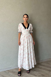 Beyaz Carina Çiçekli Kolu Lastikli Tasarım Elbise SY-2274-Beyaz