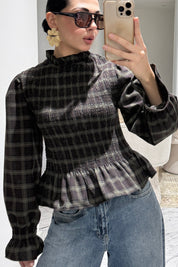 Gipeli Volanlı Ekose Desen Kahve Rengi Bluz SY-3553-Kahverengi