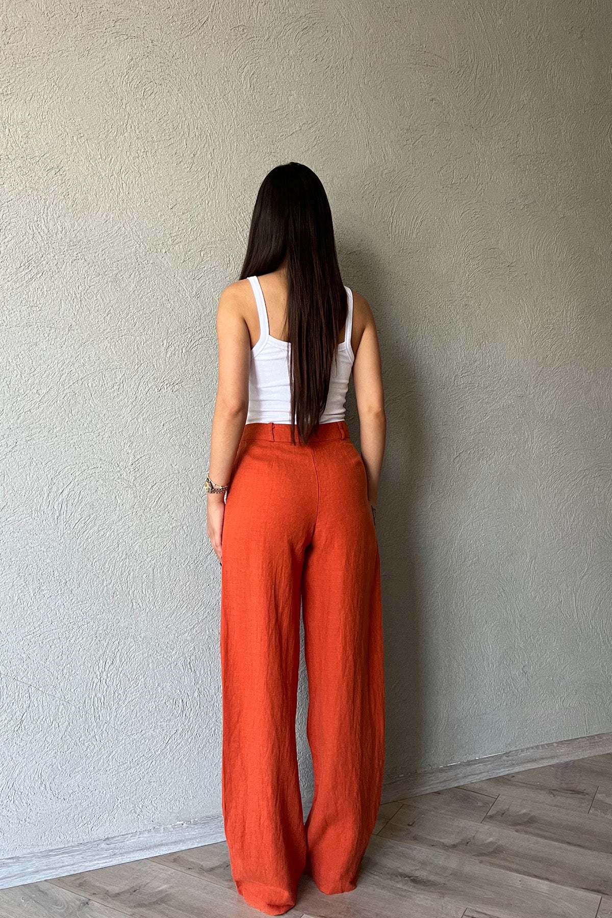 Kiremit Önü Pileli Keten Pantolon SY-2262-Kiremit