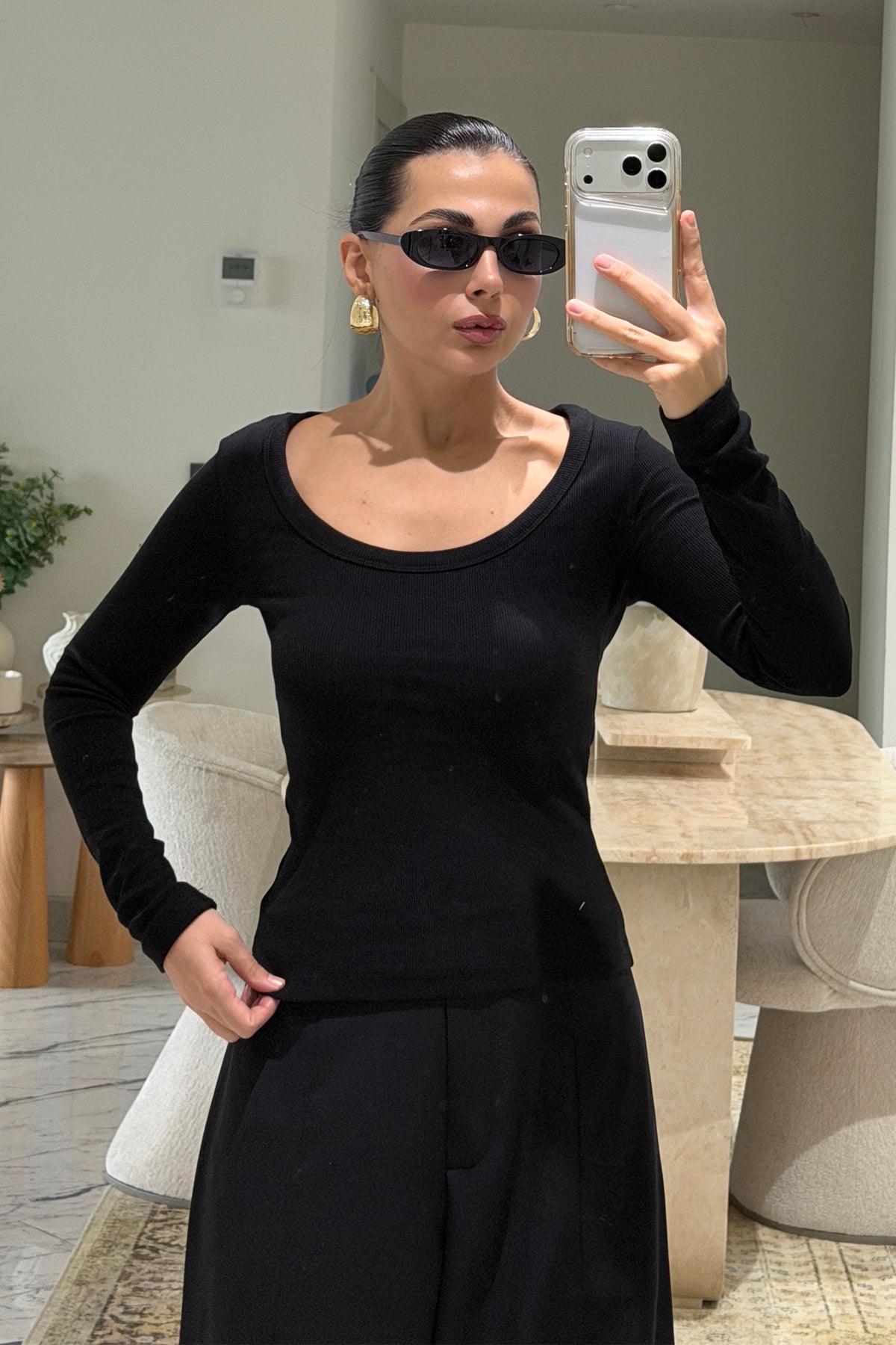 Uzun Kollu Fitilli Derin Bisiklet Yaka Siyah Body SY-3412-Siyah