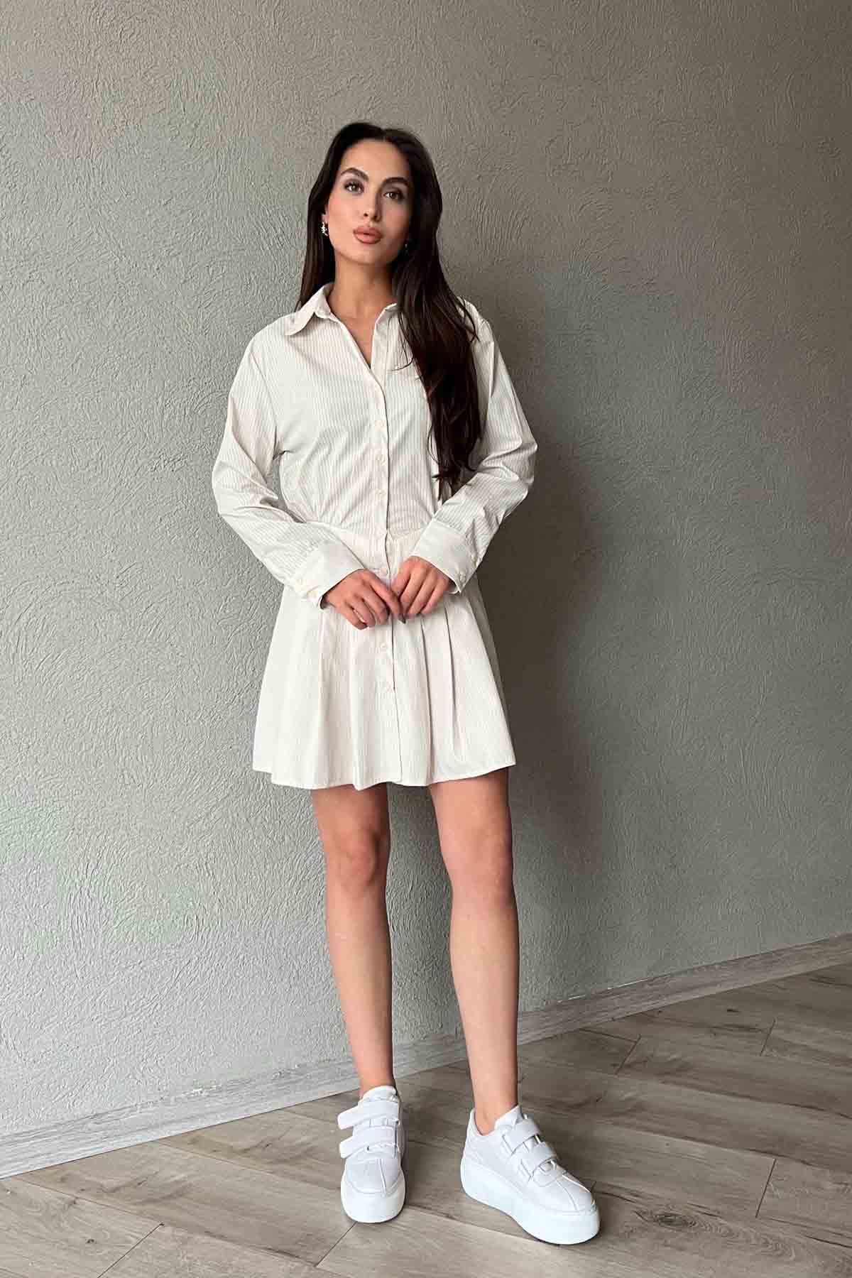 Sarı Çizgili Mini Poplin Gömlek Elbise SY-1701-Sarı