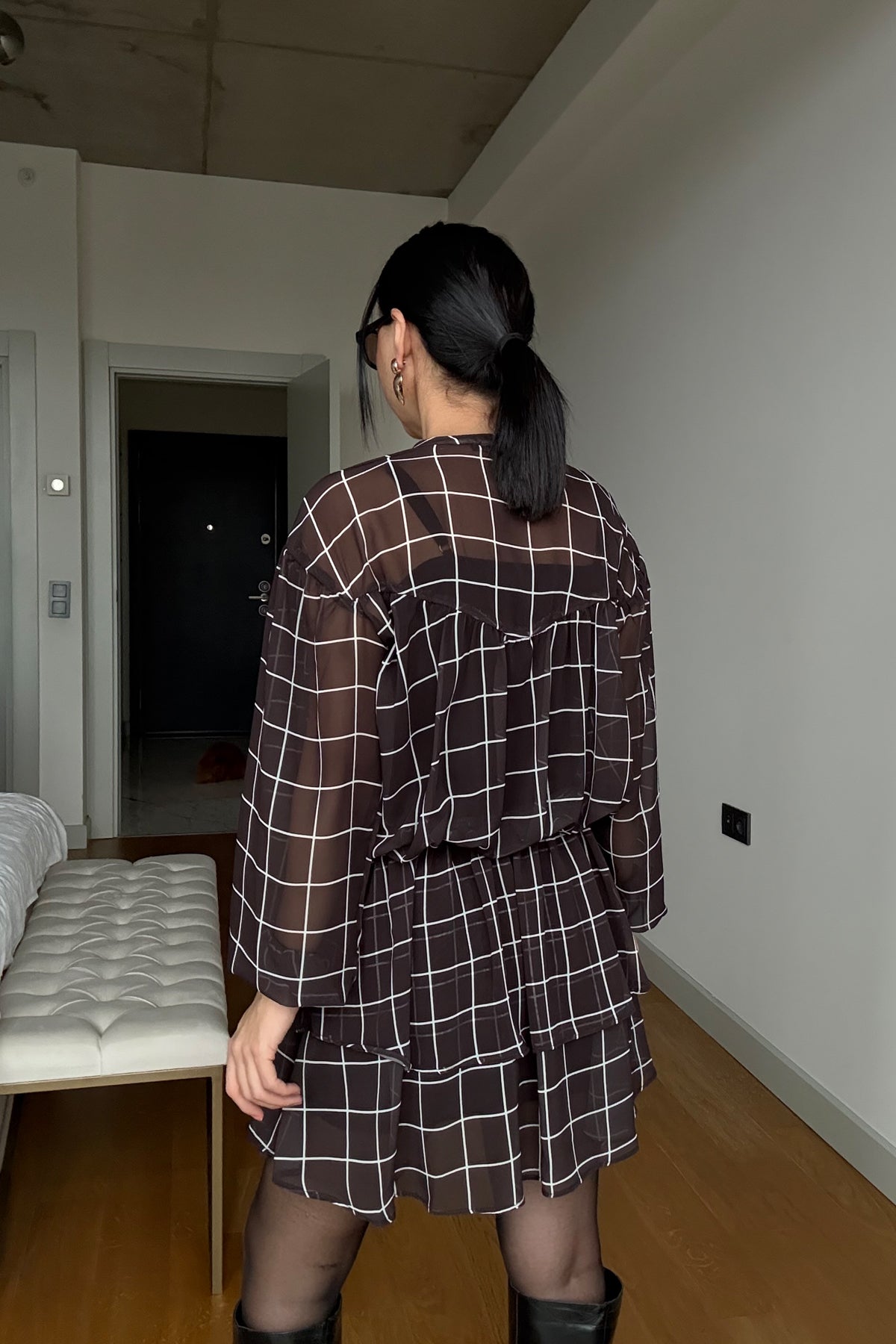 Kahverengi Beli Lastikli Volancia Elbise SY-3515-Kahverengi